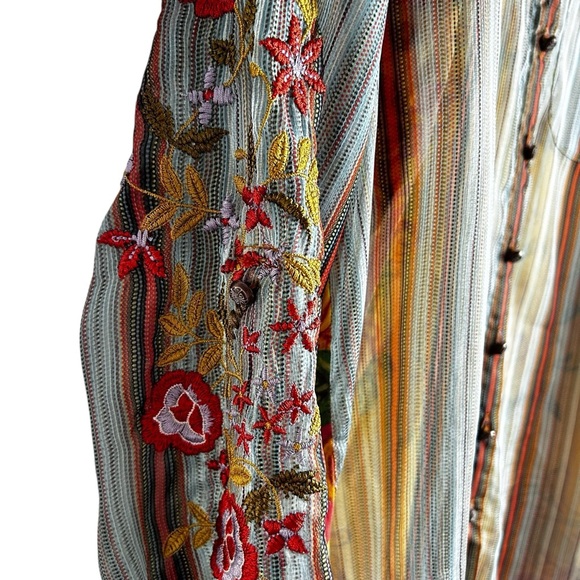 Aratta Silent Journey Sheer Striped Embroidered Button Front Top Size M - Picture 3 of 9